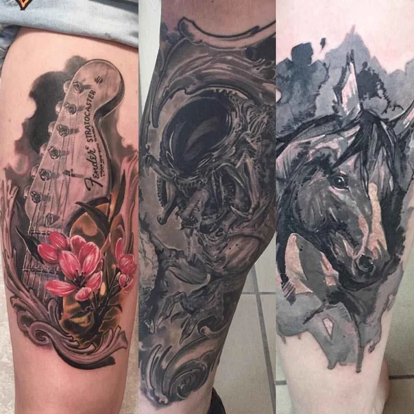 Реализм Guitar, Alien tattoo на Thigh