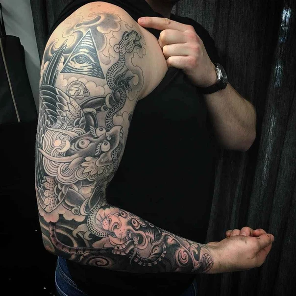 Japanese Dragon, Snake tattoo on Full Sleeve
