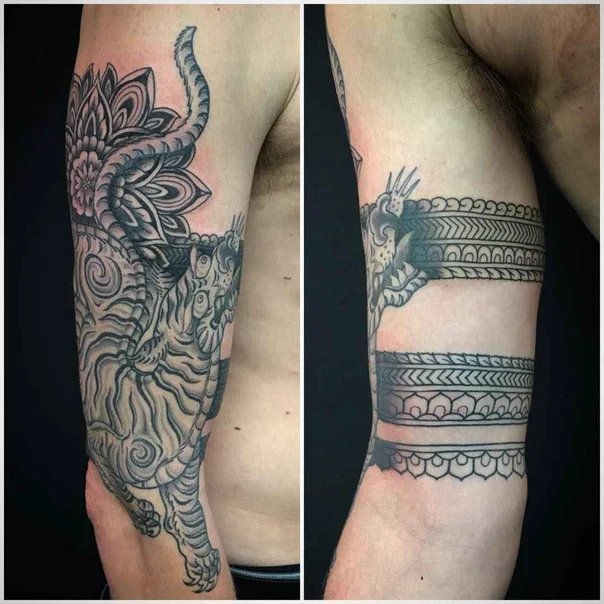 Blackwork Tiger, Mandala tattoo on Full Sleeve