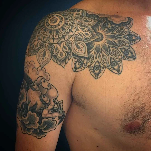 Blackwork Mandala, Demon tattoo on Shoulder