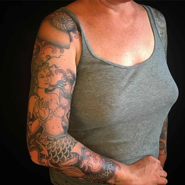 Japanese Mermaid, Waves tattoo on Full Sleeve