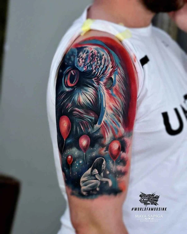 Реализм Owl, Balloons tattoo на Полный рукав