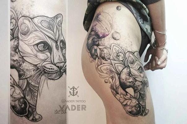 Лайнворк Animal, Mandala tattoo на Thigh