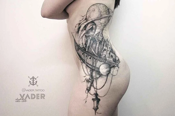 Иллюстративная Ship, Lantern tattoo на Side