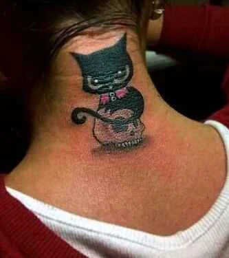 Cartoon Cat, Skull tattoo на Back of neck