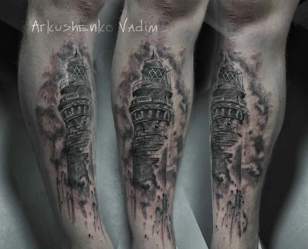 Black & Grey Lighthouse tattoo on Calf