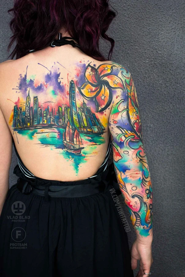 Акварель Cityscape, Flower tattoo на Спина (полная)