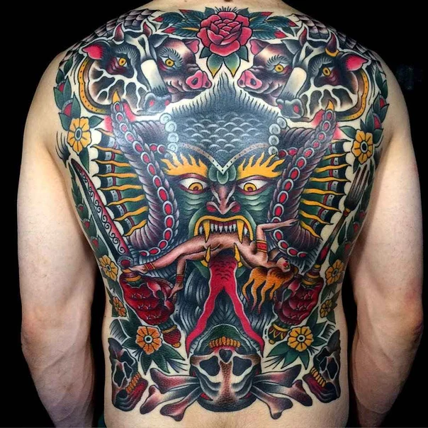 Нео-традиционная Demon, Skull tattoo на Спина (полная)