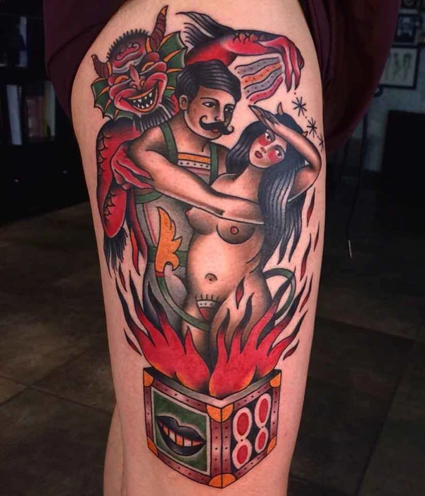 Традиционная Devil, Couple tattoo на Thigh