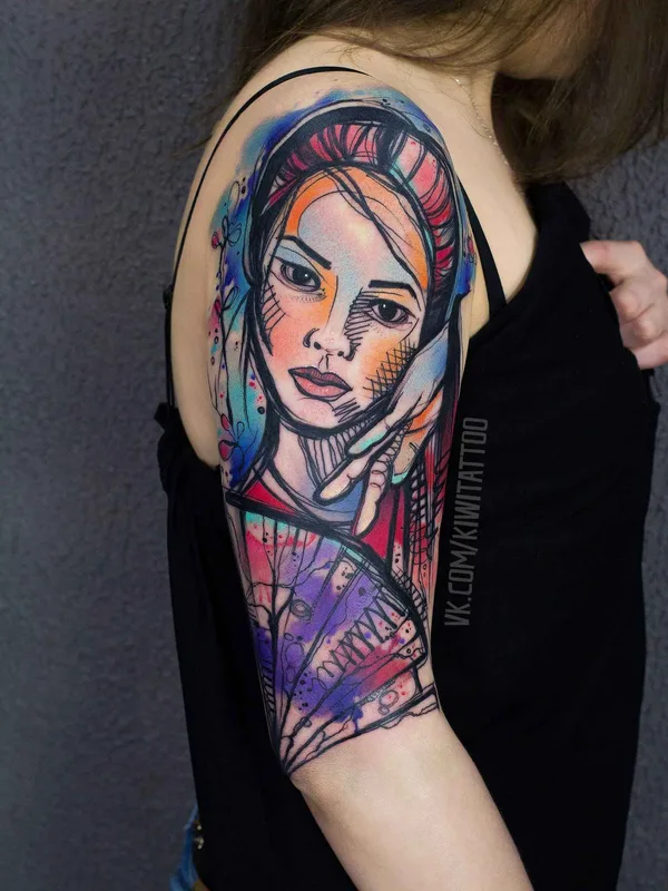 female color illustrative tattoo on full sleeve #11492 | Tattoo Artist Виктория KIWI Григорьева
