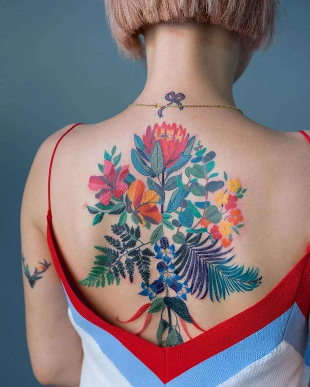 Botanic Flowers, Leaves tattoo on Upper Back
