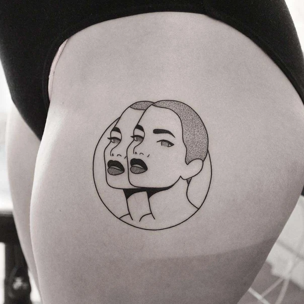Linework Face, Portrait tattoo on Hip