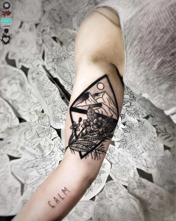 Linework Mountains, Flowers tattoo on Forearm