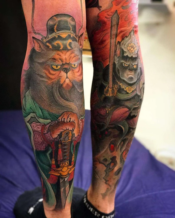 Japanese Cat, Samurai tattoo on Calf