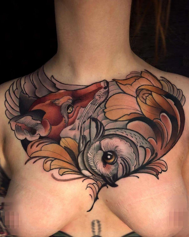Neo Traditional Fox, Owl tattoo on Chest