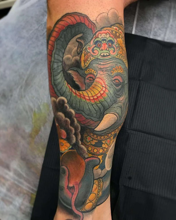 Japanese Elephant, Ornaments tattoo on Forearm