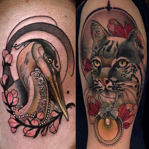 Neo Traditional Bird, Cat tattoo on Upper Arm