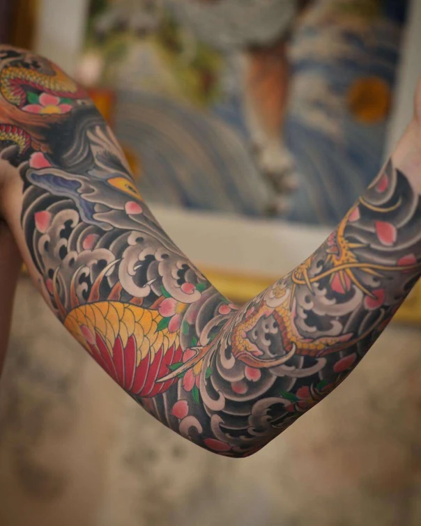 Japanese Dragon, Koi tattoo on Full Sleeve