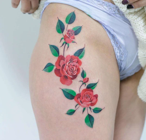 Botanic Rose, Leaves tattoo on Thigh