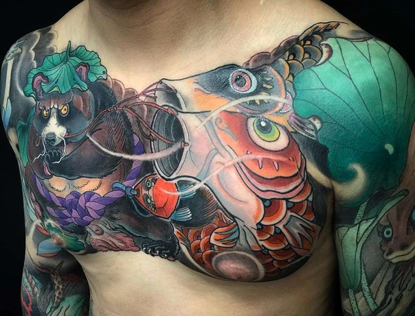Japanese Koi fish, Raccoon tattoo on Chest