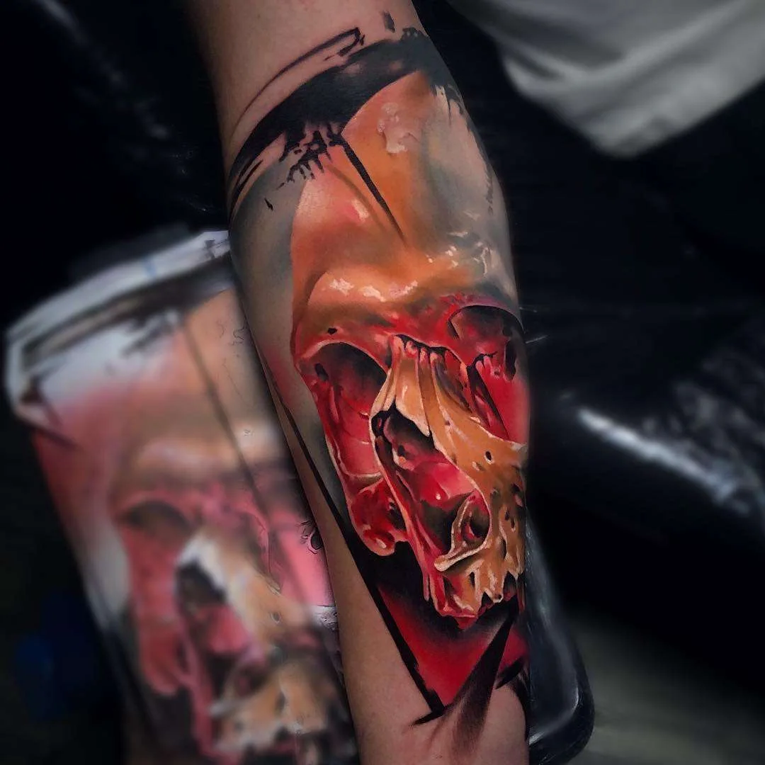 Tattoo artist Igor Mitrenga, authors color relistic portrait tattoo in graffiti design | Prague, Czech