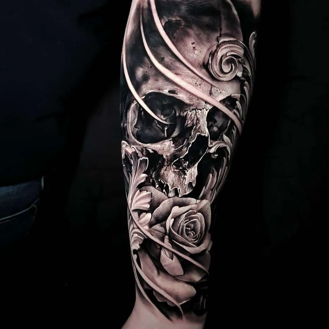 Artista de tatuagem Nick Imms, tatuagem de portrêito preto e cinza realista, surrealismo | Inglaterra