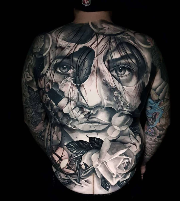 Realism Face, Rose tattoo on Full Back