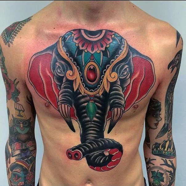 Neo Traditional Elephant tattoo on Chest