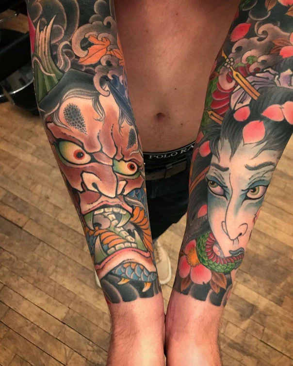 Japanese Demon, Geisha tattoo on Full Sleeve