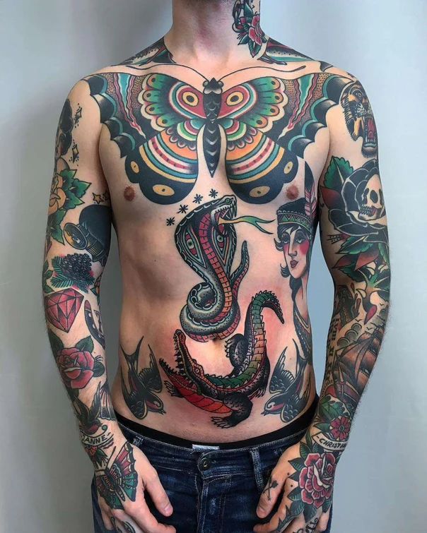 Old School Butterfly, Snake tattoo on Full body