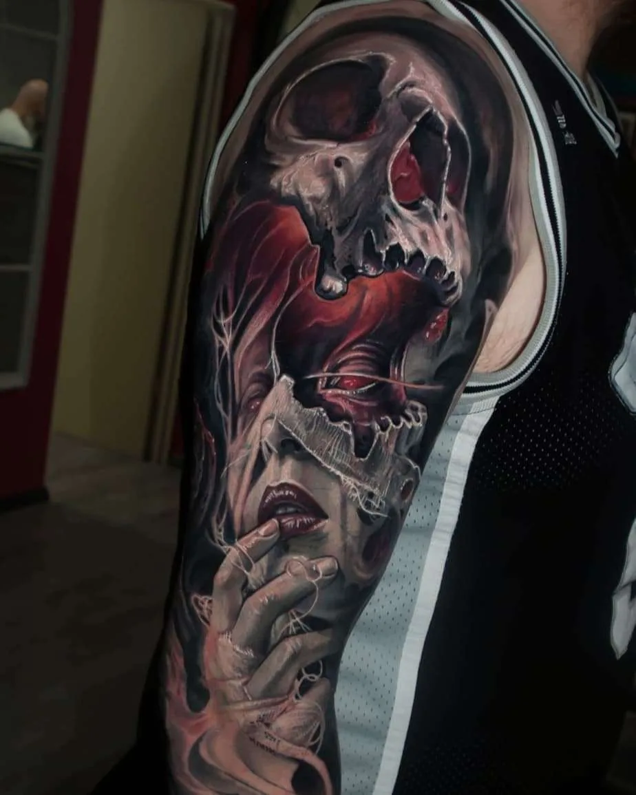 Tatuador Jayden Pengilly, cores e preto e cinza autores retrato realismo tatuagem, surrealismo | Austrália