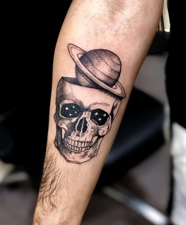 Black & Grey Skull, Planet tattoo on Forearm