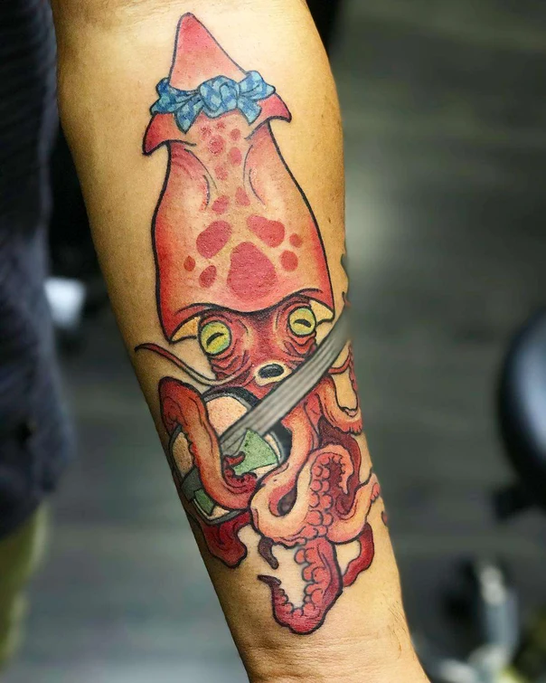 New School Squid, Bow tattoo on Forearm