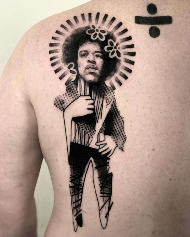 Blackwork Portrait, Floral tattoo on Shoulder Blade
