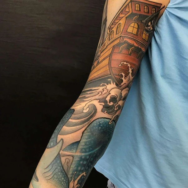Japanese Waves, Ship tattoo on Full Sleeve