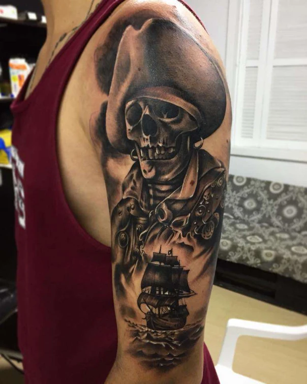 Realism Skull, Ship tattoo on Full Sleeve