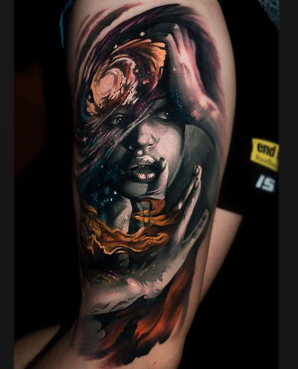Realism Portrait, Galaxy tattoo on Upper Arm