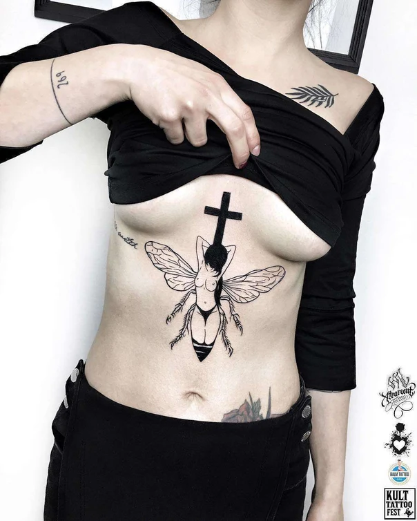 Blackwork Bee, Cross tattoo on Sternum
