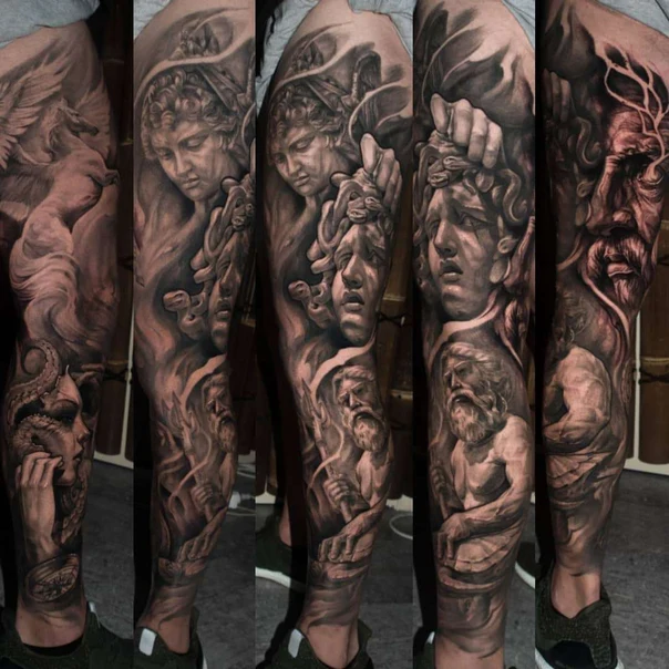 Realism Mythological, Statues tattoo on Full Sleeve