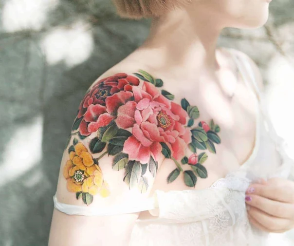 Japanese Flowers, Leaves tattoo on Shoulder