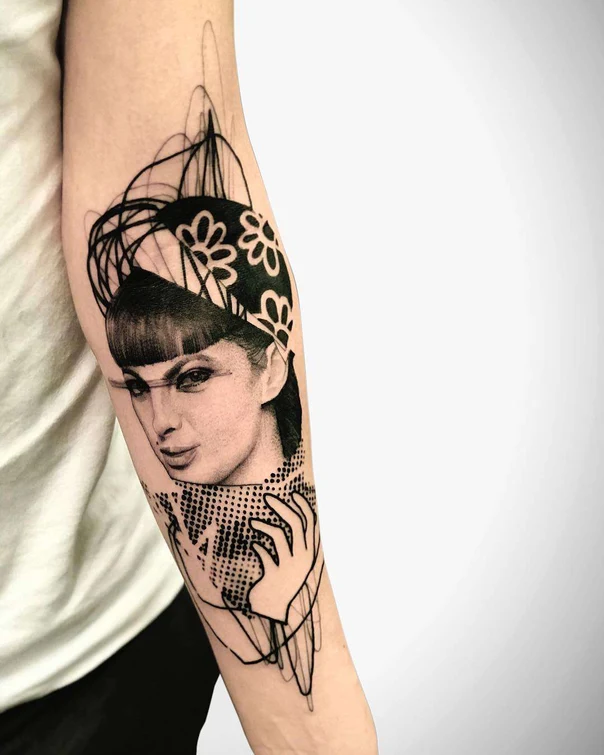 Blackwork Portrait, Floral tattoo on Forearm