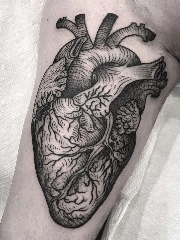black and grey blackwork tattoo on thigh #21809 | Tattoo Artist Henbo Henning