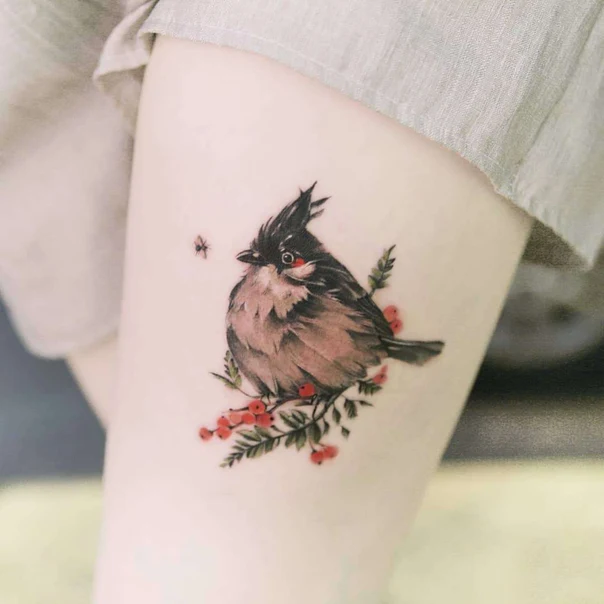 Watercolor Bird, Botanic tattoo on Thigh