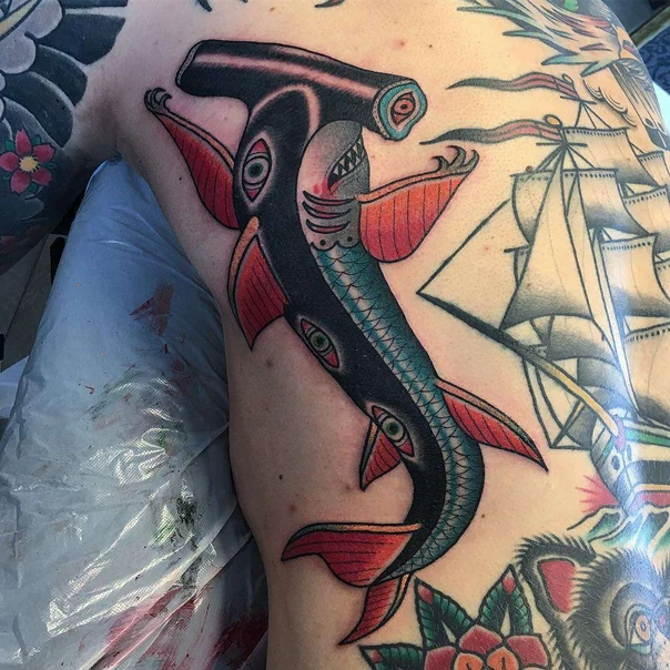 Traditional Shark, Eye tattoo on Thigh