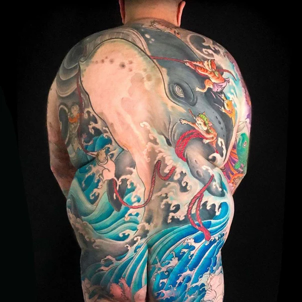 Japanese Whale, Waves tattoo on Full Back