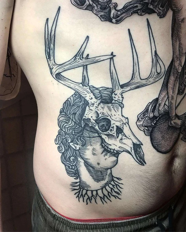 Blackwork Skull, Antlers tattoo on Side