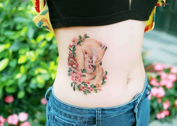 Watercolor Flowers, Animal tattoo on Stomach