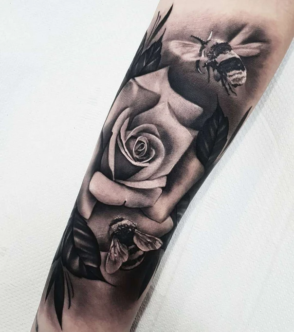 Realism Rose, Bee tattoo on Forearm