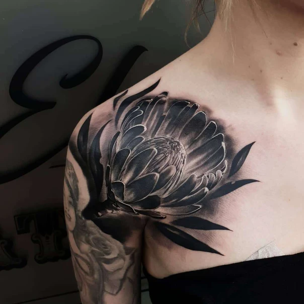 Black & Grey Flower, Leaves tattoo on Shoulder