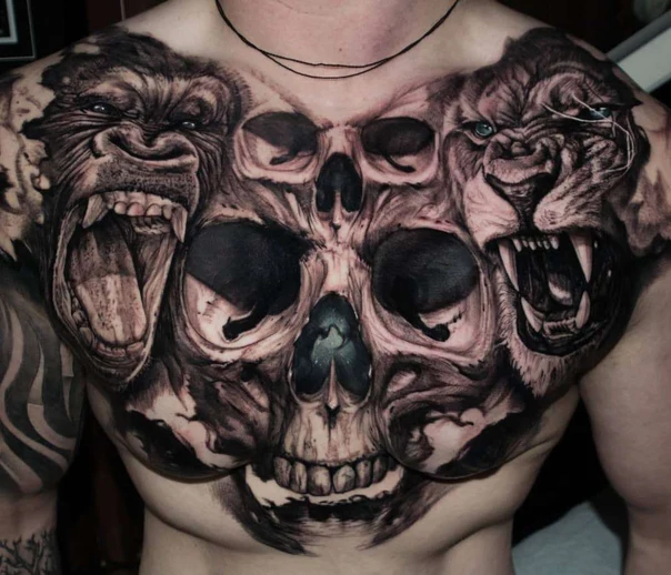 Realism Skull, Gorilla tattoo on Chest